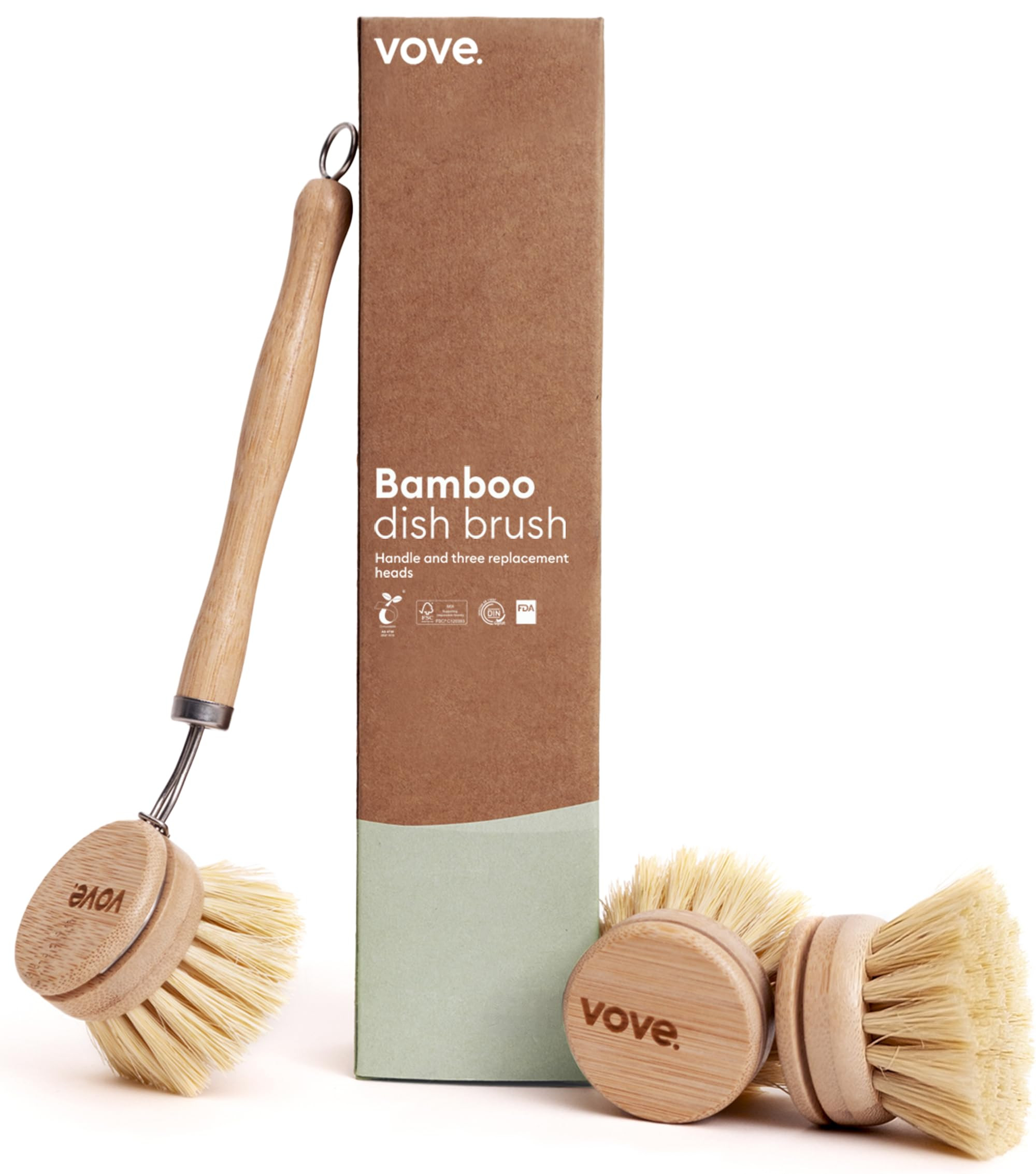Vove Bamboo Washing Up Brush, FSC-Certified - Includes 3 Replacement Heads - Natural Fibre Bristl... | Amazon (UK)