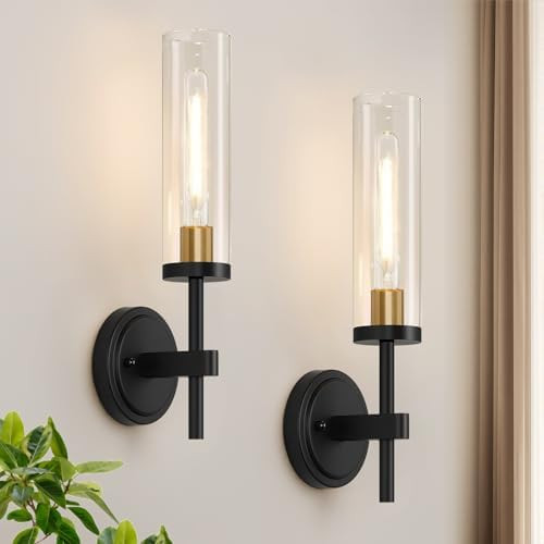 Hardwired Wall Sconces Set of Two, Black and Gold Bathroom Sconces with Clear Glass, Modern Wall ... | Amazon (US)