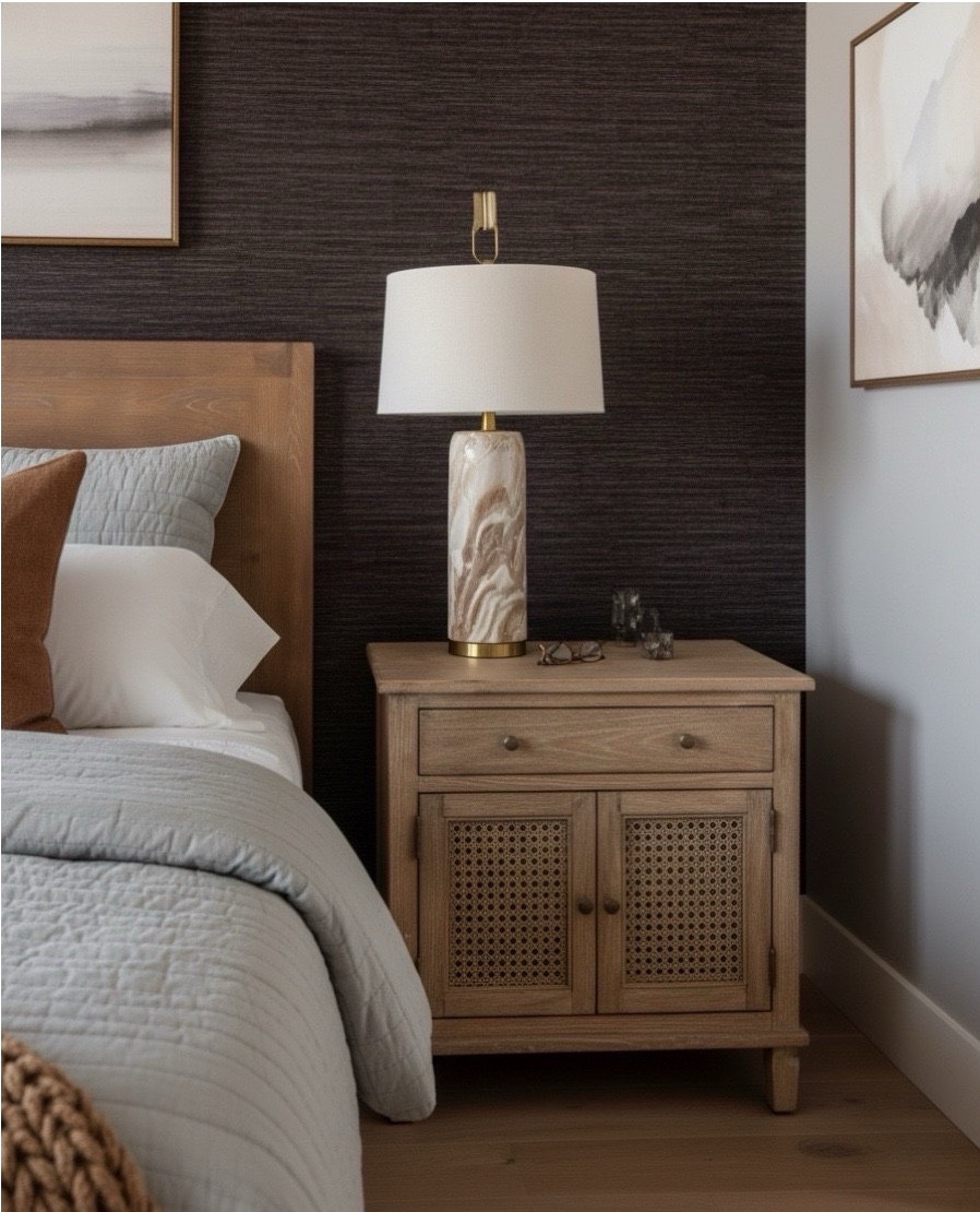 ✨ Shop the look
Warm oak bed frame
Soft gray and white layered bedding
Caramel throw pillows
Chunky knit throw
Ivory upholstered bench
Distressed warm brown patterned rug
Woven natural oak nightstands
Marble base table lamps
Large leafy faux tree
Exposed oak ceiling beams
Round glass pendant

#LTKSaleAlert #LTKHome