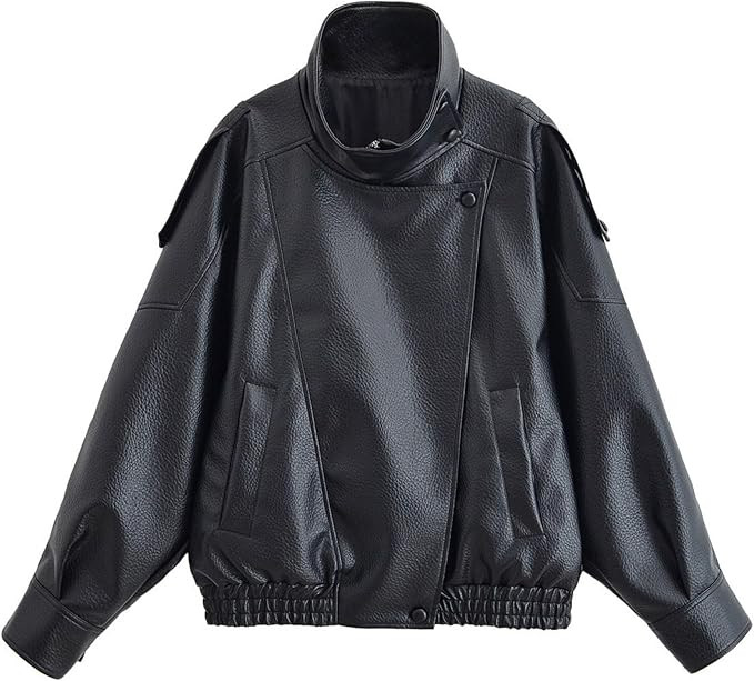 FindThy Women’s Oversized Faux Leather Jacket Casual High Collar Long Sleeve Zip Up Fall Fashio... | Amazon (US)
