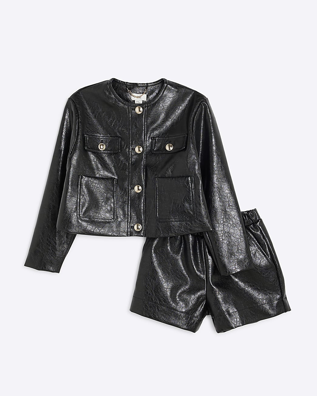 Girls Black Faux Leather Trophy Jacket Set | River Island UK & IE