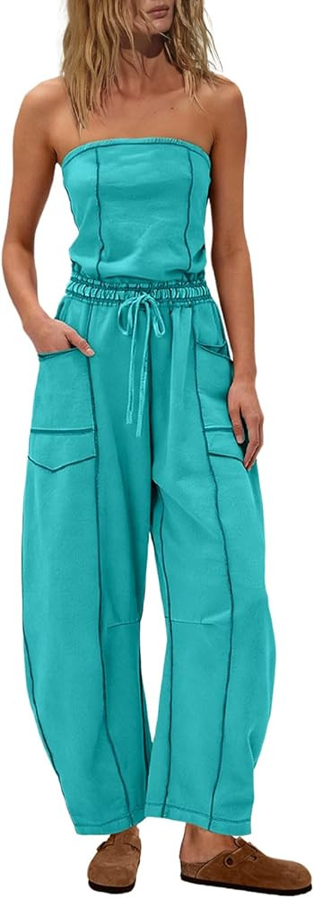 UNIANKIYA Strapless Jumpsuits for Women Casual Tube Top Romper Barrel Wide Leg One Piece Outfit w... | Amazon (US)