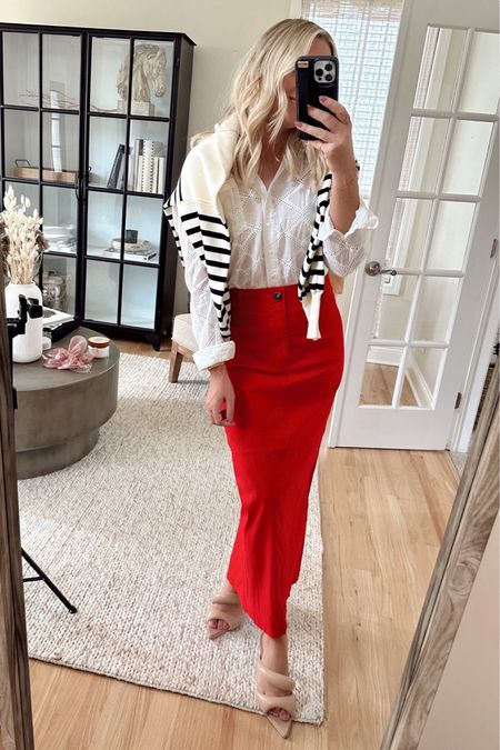 This skirt is insanely comfy & red is trending BIG right now!! Tons of stretch, 3 colors. 
I’m in my TTS & I absolutely love it on! 
Shirt wearing small. 
Amazon sweater on sale! 

Skirt. Fall style. Nautical. Fall outfit. Maxi skirt. 

#LTKstyletip #LTKfindsunder100 #LTKHoliday
