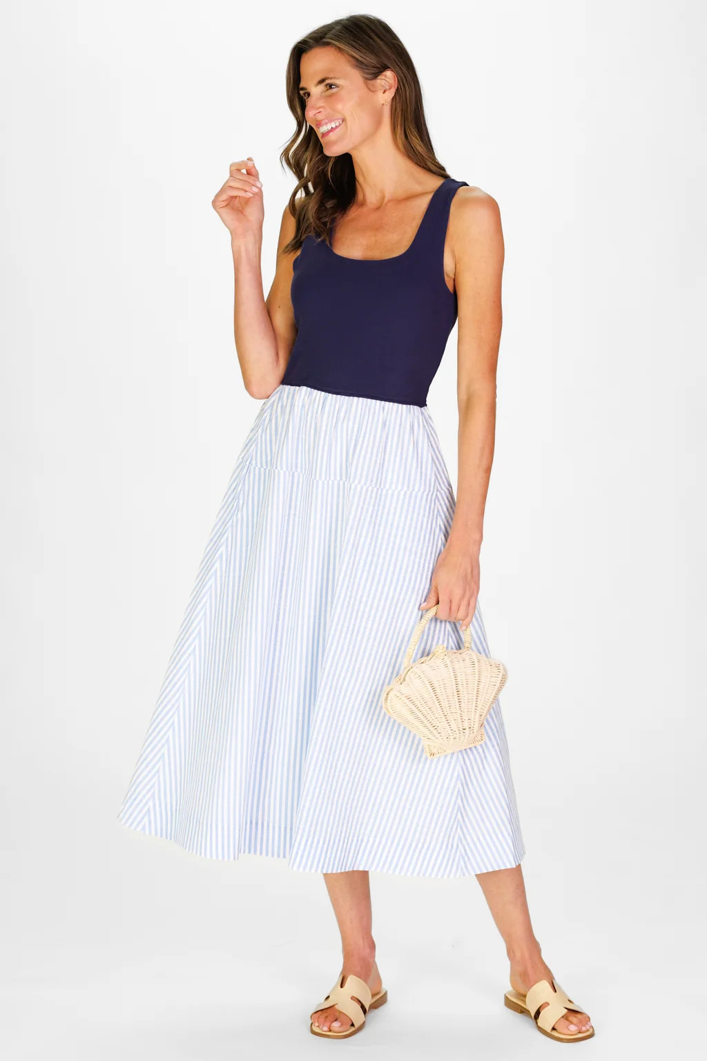 Jada Dress in Navy & Seaside Stripe | Duffield Lane