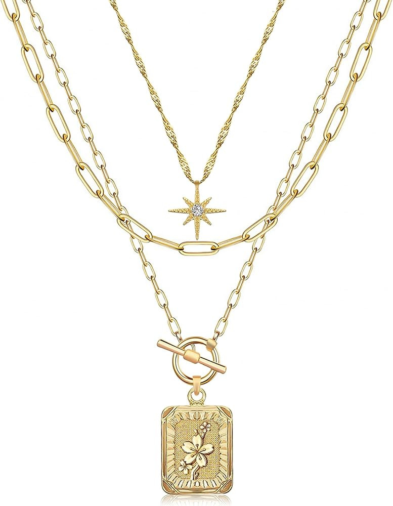 MJartoria Layered Necklaces for Women Trendy, 14K Gold Plated Brass Simple Star Choker Square Bir... | Amazon (US)