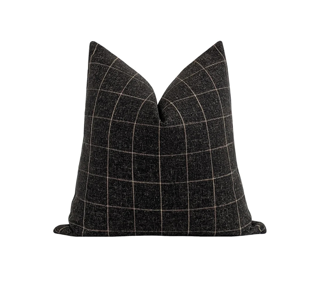 Cozy Woven Plaid Pillow, Charcoal Gray Woven Pillow Cover, Dark Gray Tan Window Pane Pillow Cover... | Etsy (US)