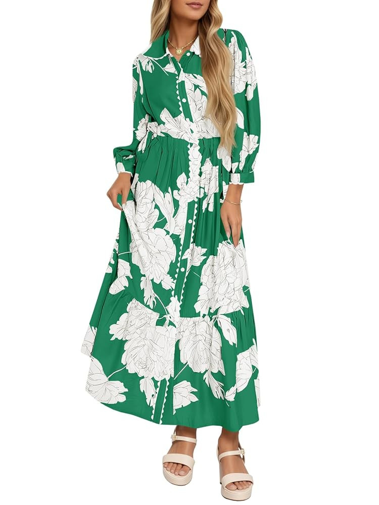 Wenrine Womens Maxi Shirt Dress Casual Floral Collared 3/4 Long Sleeve Drawstring Waist Fall Butt... | Amazon (US)