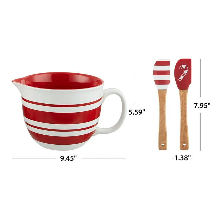 Holiday Time 3-Piece Striped Glazed Stoneware Batter Bowl & Spatula Set, Multicolor | Walmart (US)