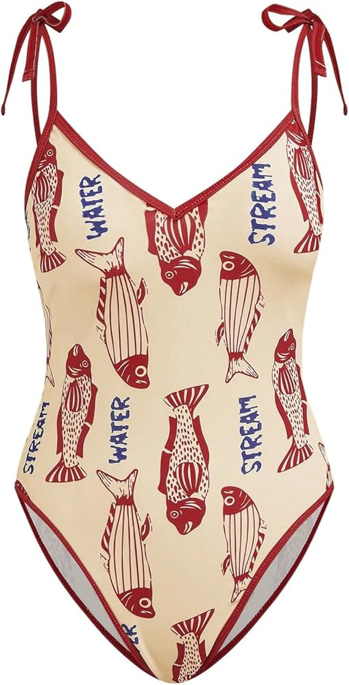 Floerns Women's Summer Vacation Letter Graphic One Piece Swimsuit Tie Shoulder Tummy Control Beach Bathing Suit | Amazon (US)
