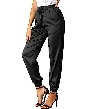 Allegra K Women's Drawstring Elastic Waist Athleisure Pants Ankle Length Satin Joggers with Pocke... | Amazon (US)