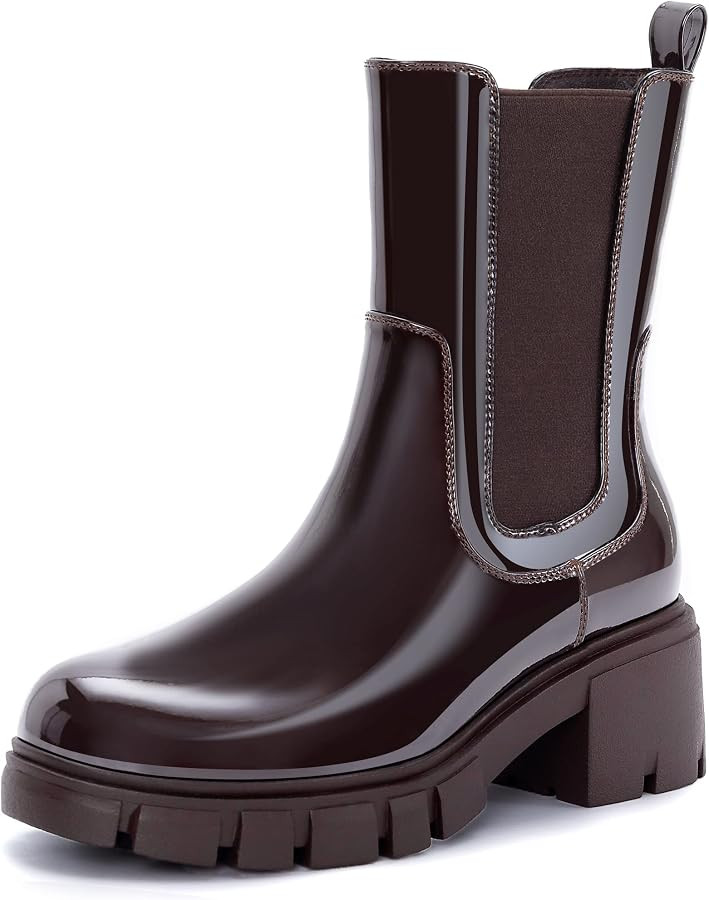 Athlefit Women's Chelsea Platform Mid Calf Boots Lug Sole Chunky Heel Elastic Leather Booties | Amazon (US)