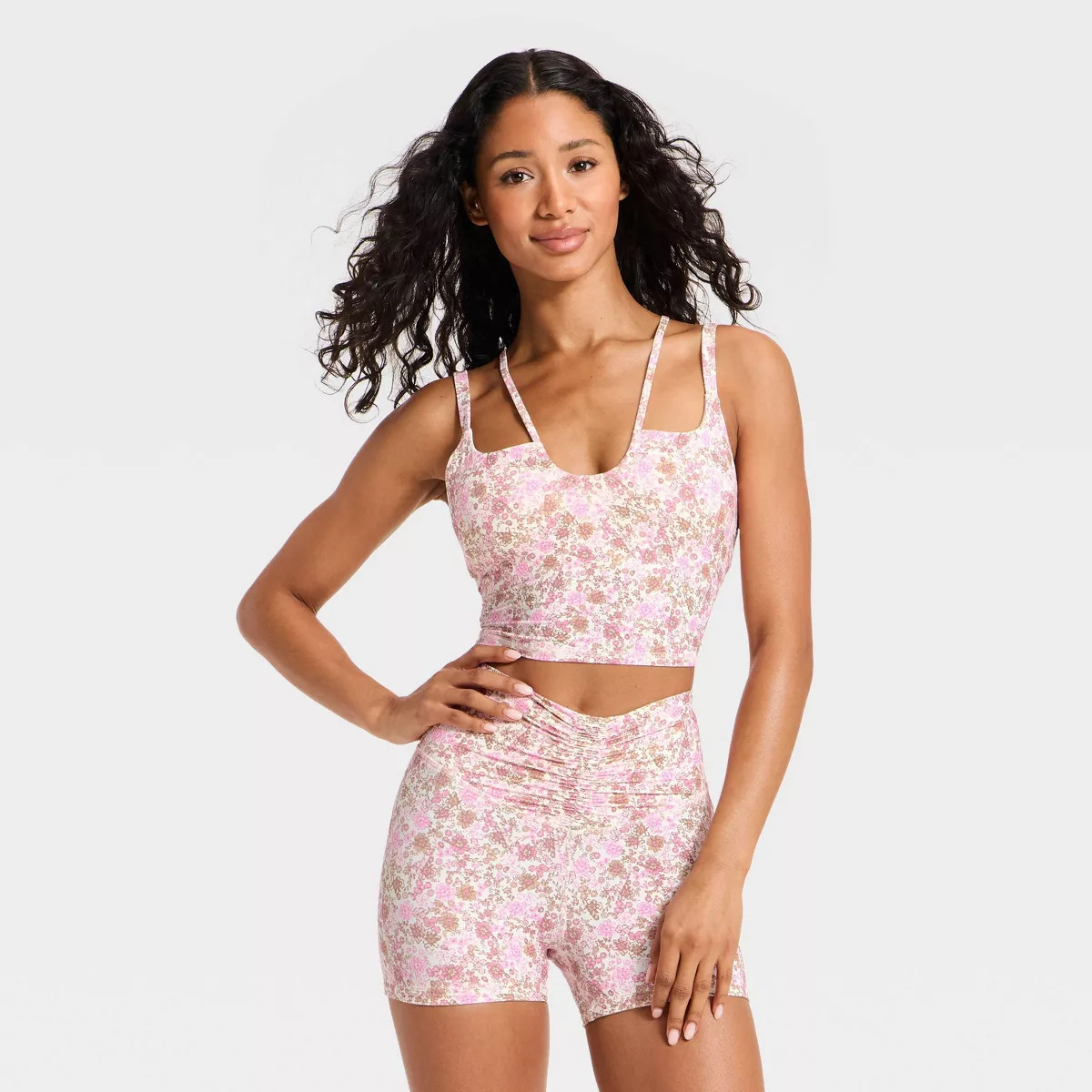 Women's Strappy Cropped Support Tank Top - JoyLab™  Pink Floral Print XXL | Target