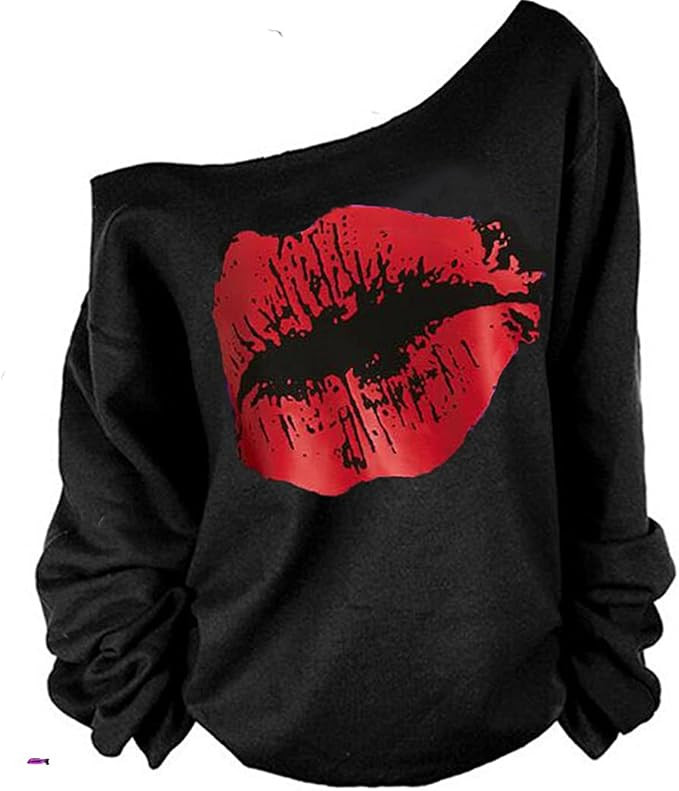 MAGICMK Woman’s Sweatershirt Lips Print Causal Blouse Off The Shoulder Long Sleeve Loose Slouch... | Amazon (US)
