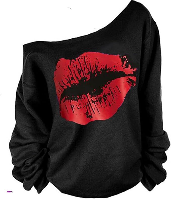 MAGICMK Woman’s Sweatershirt Lips Print Causal Blouse Off The Shoulder Long Sleeve Loose Slouch... | Amazon (US)