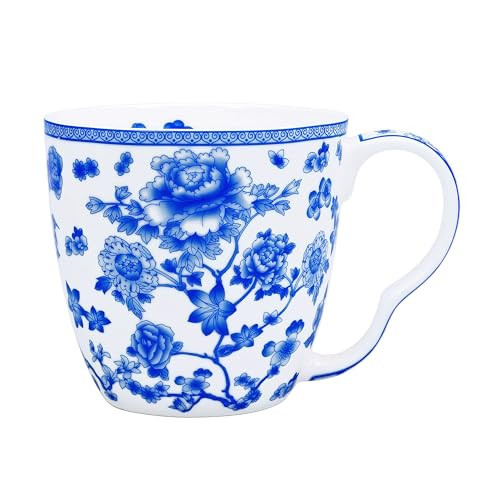 PMNING Bone China Coffee Mug Floral Coffee Tea Mug - 16 oz Bone China Floral Mug Flower Coffee Tea Cup Gifts for Women Mom Friend (Blue) | Amazon (US)