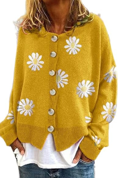 Cute Daisy Flower Cardigan Sweaters for Women Aesthetic 90s Button Down Open Front Sweater Plus S... | Amazon (US)