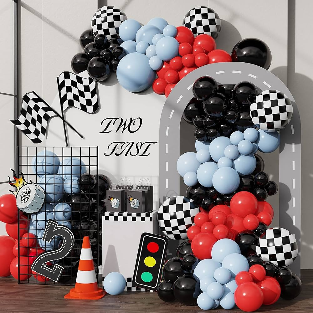 Race Car Balloons Arch Garland Kit 148PCS Red Blue Black Checkered Flag Foil Balloon Racing Car T... | Amazon (US)