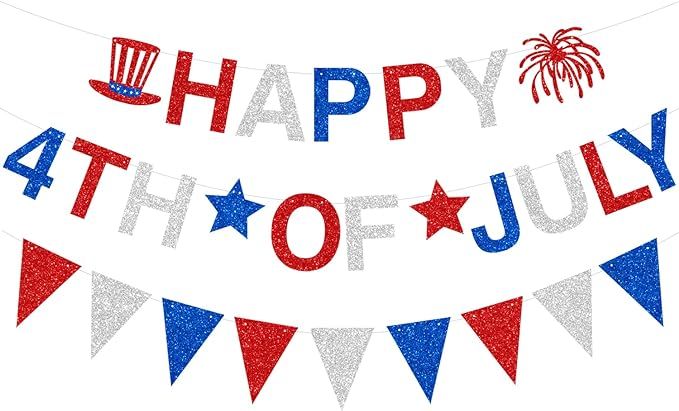 JOZON Red White Blue Glittery Happy 4th of July Banner and Pennant Banner with Hat Fireworks Star... | Amazon (US)