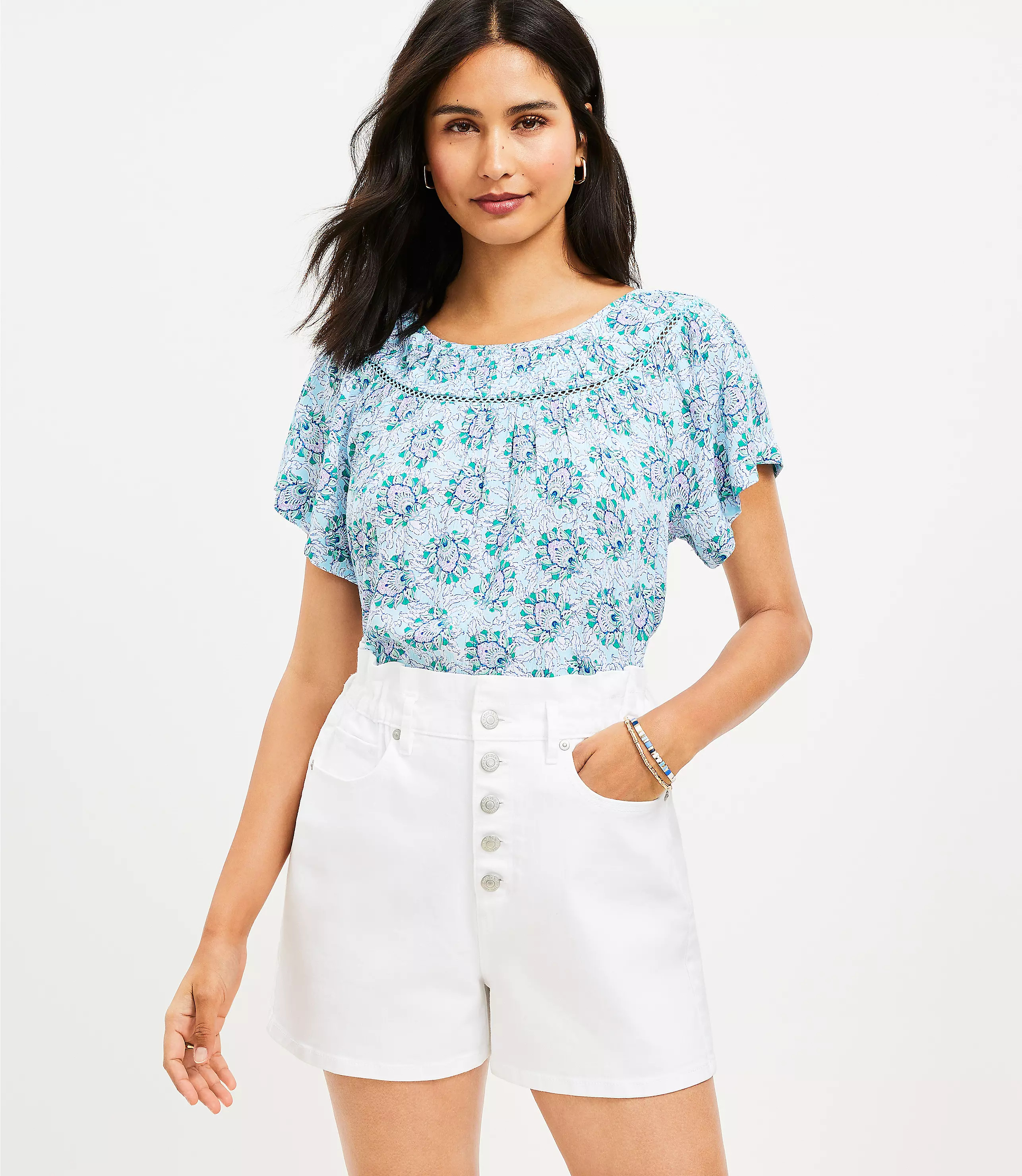 Bloom Cutout Yoke Flutter Sleeve Mixed Media Top | LOFT