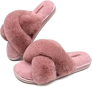 COFACE Womens Fuzzy Slides Fluffy Fax Fur Cross Slippers Open Toe Yoga Mat House Slippers Sandals... | Amazon (US)