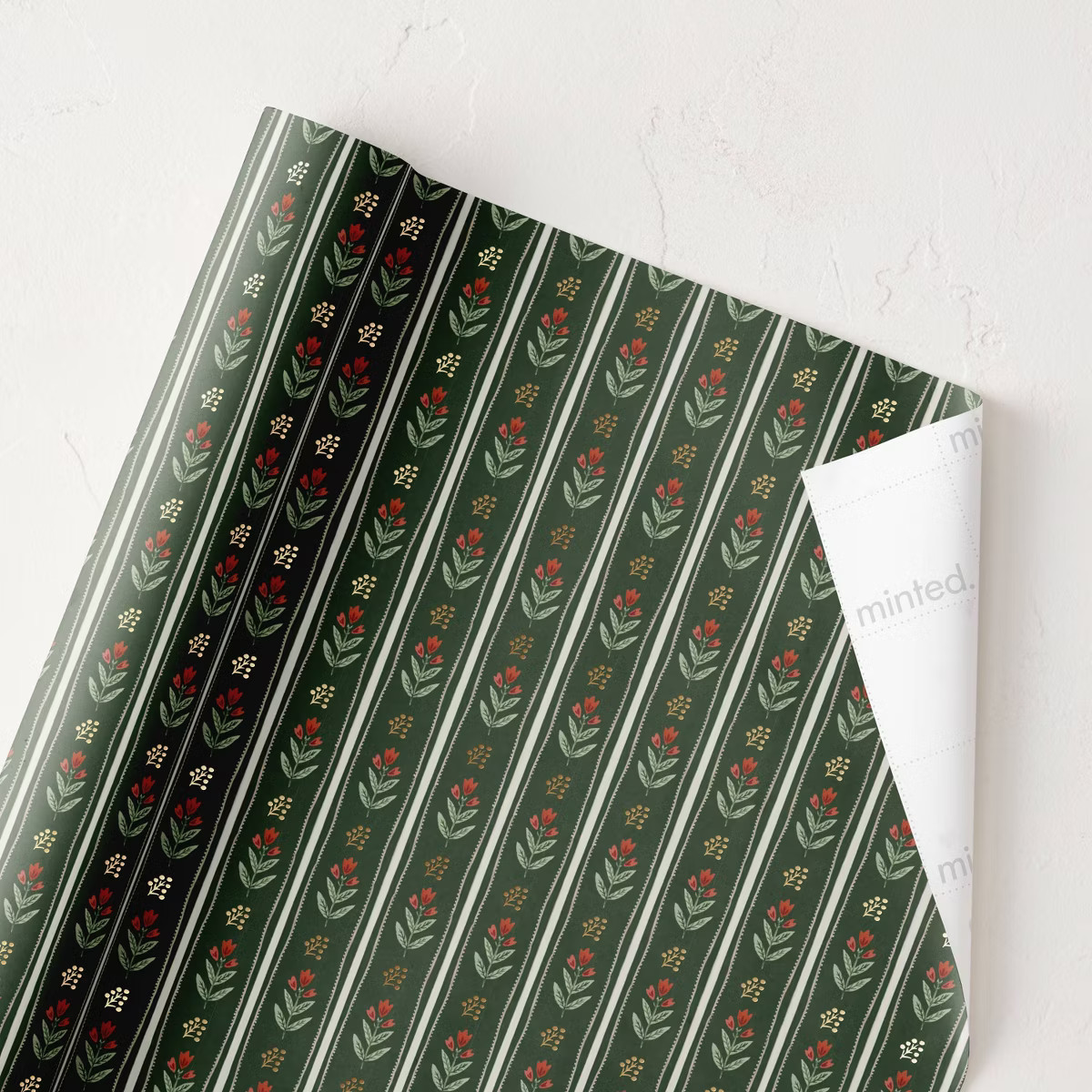 Minted Foil Folk Floral Luxury Gift Wrapping Paper Green/Red | Target
