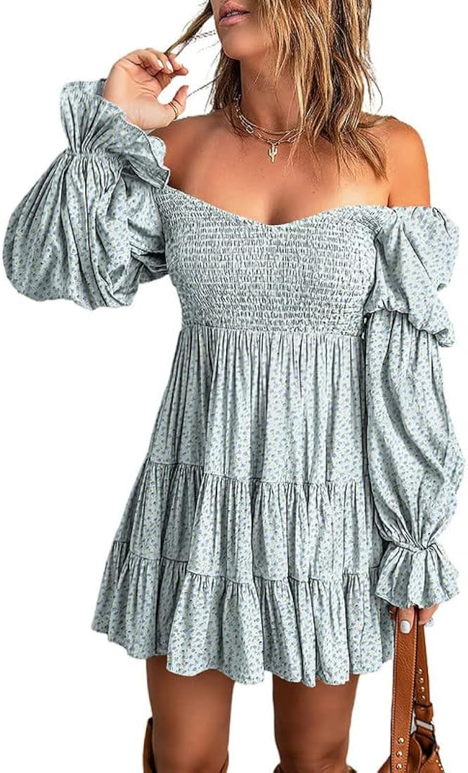 Dokotoo Womens 2023 Summer Spring Elegant Off The Shoulder V Neck Long Sleeve Ruffle Flowy Mini S... | Amazon (US)