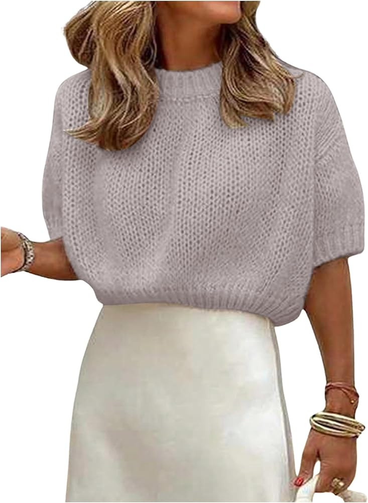 GORGLITTER Women's Puff Sleeve Crewneck Knit Shirt Top Short Sleeve Solid Loose Sweater | Amazon (US)