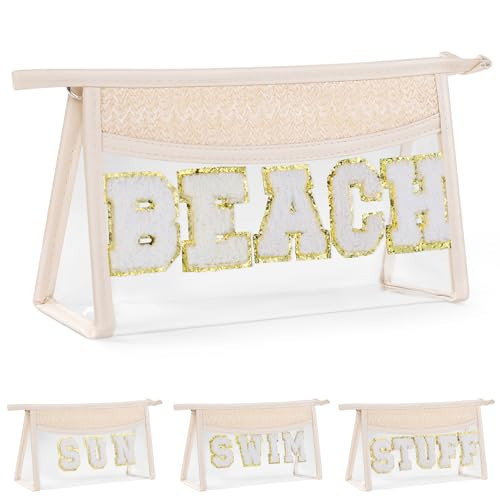 Etercycle Boho Patch BEACH Makeup Bag, Clear PVC Travel Toiletry Bag Waterproof Beach Bags for Women, Small Chenille Letter Bag With Zipper for Beach Travel Essentials | Amazon (US)