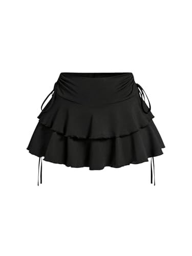 PRSFPN Women's Y2k Mini Ruffle Skirts with Shorts Tiered Layers Cute Elastic Waist Coquette Skort Drawstring Side Bow Tie (Black, Large) | Amazon (US)