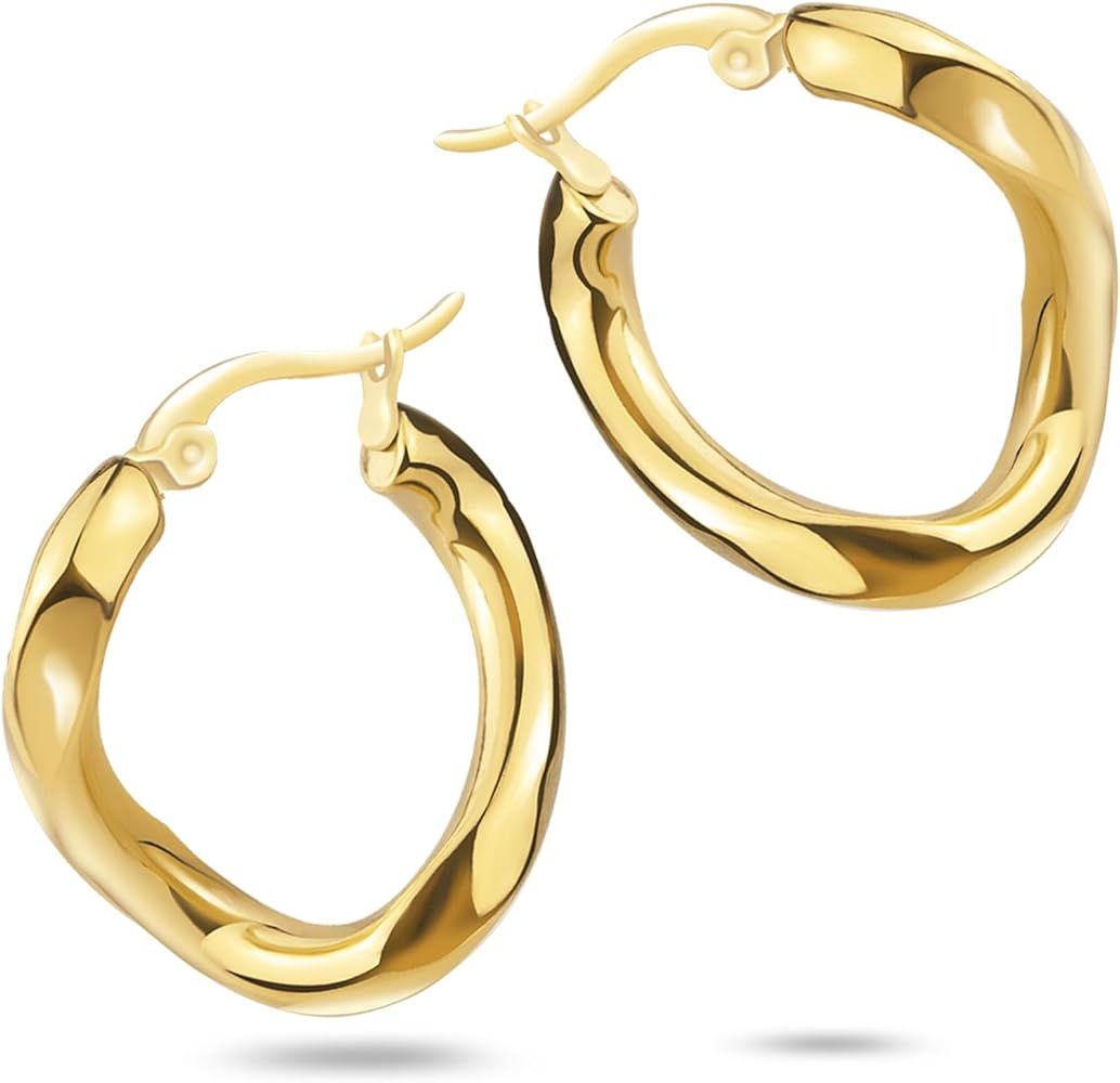 Gold Twisted Hoop Earrings for Women,18K Gold Plated Chunky Hoops Earrings for Women 23mm Oval Th... | Amazon (US)