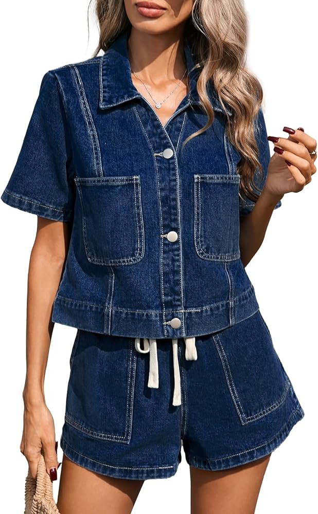 Kedera Women's Denim Two Piece Outfits Cropped Button Front Shirt Drawstring Jean Shorts Lounge S... | Amazon (US)