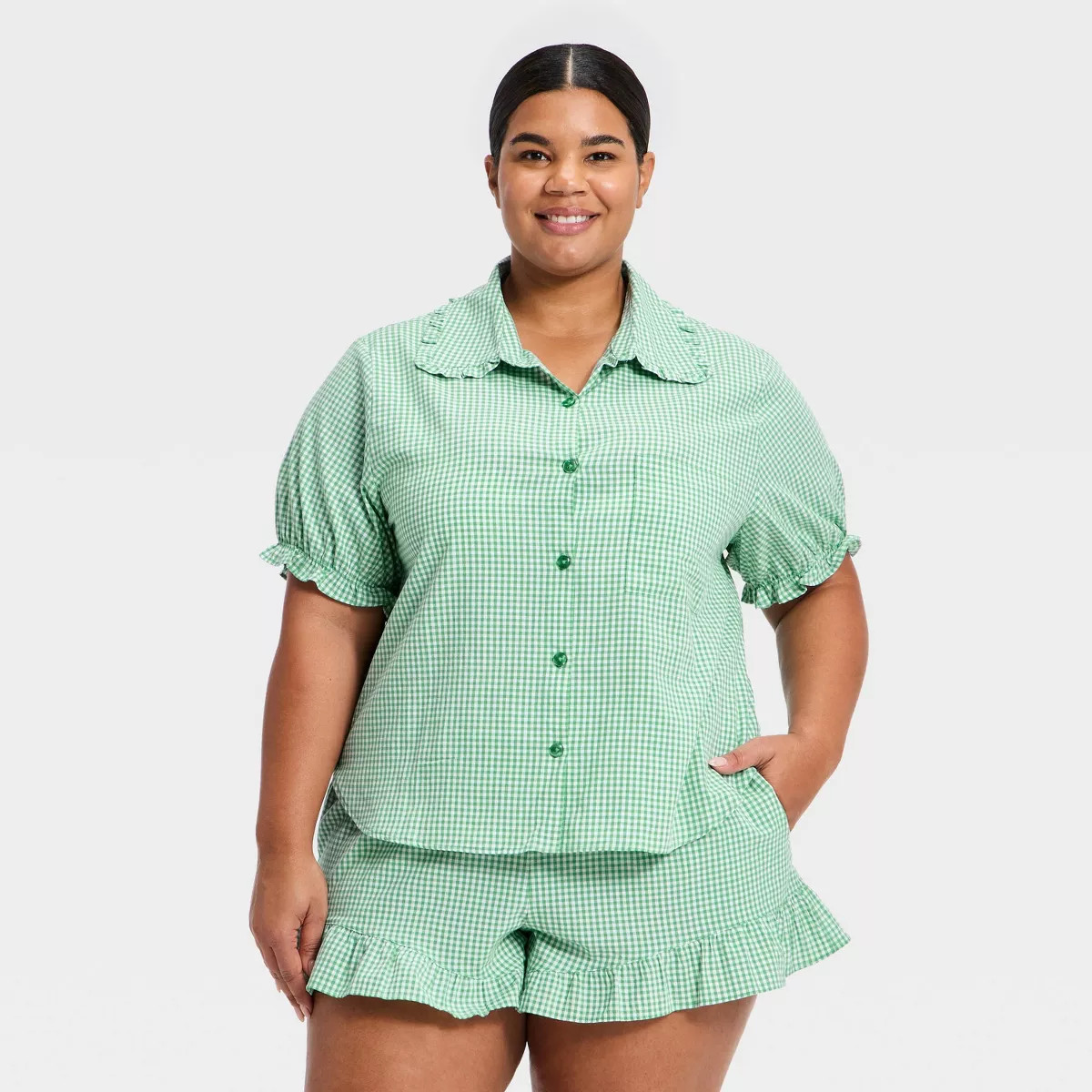 Women's Mommy & Me Ruffle Short Sleeve Notch Collar Shirt and Shorts Pajama Set - Auden™ Green ... | Target