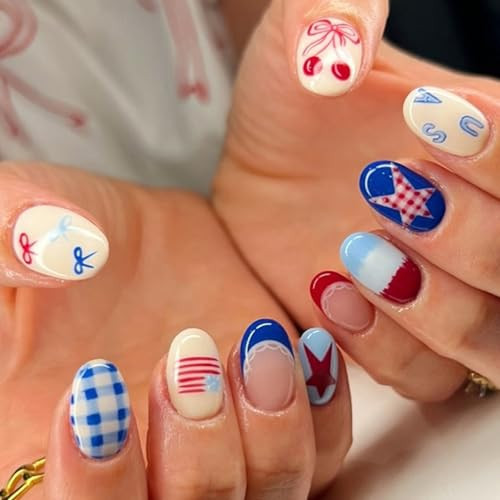 4th of July Press on Nails Medium Oval Fake Nails with Designs Checkered | Star | American flag,Cute Reusable Independence Day Glue on Nail Full Cover 4th of July Nails for Women Manicure 24Pcs | Amazon (US)
