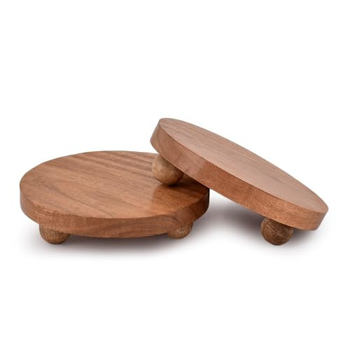 NIRMAN Display Stand Round Acacia Wood Stand for Display Wooden Stand for Kitchen/Bathroom Counter/Plant Stand (6" x 6" x 1.5"), (Set of 2) | Amazon (US)
