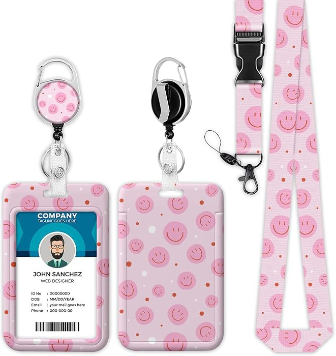 Smiley Face Lanyards for ID Badges, Cute Pink ID Badge Holder with Lanyard Retractable Badge Holder/Reel Lanyard Teacher, Kids | Amazon (US)
