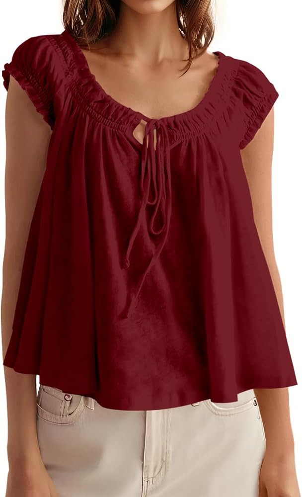 Tankaneo Women Summer Tie Front Tank Tops Cap Sleeve Babydoll Flowy Tops | Amazon (US)