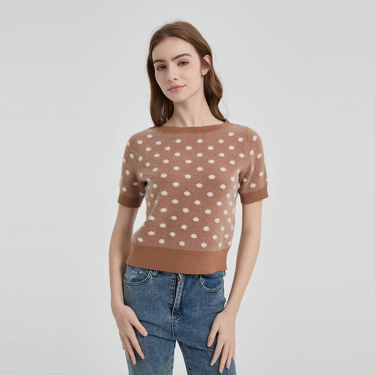 Women's Fuzzy Crewneck Sweater - Wild Fable™ Brown Polka Dots S | Target