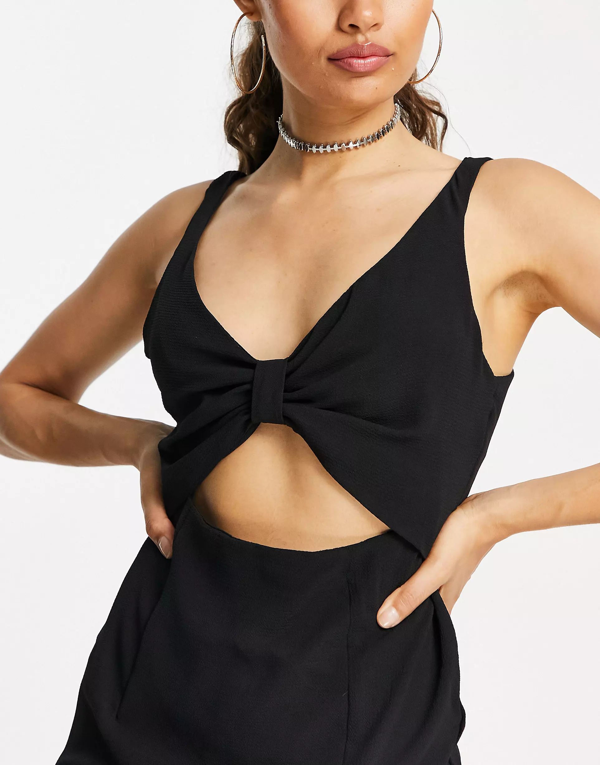 ASOS DESIGN Petite cut out knot front mini dress in black | ASOS (Global)