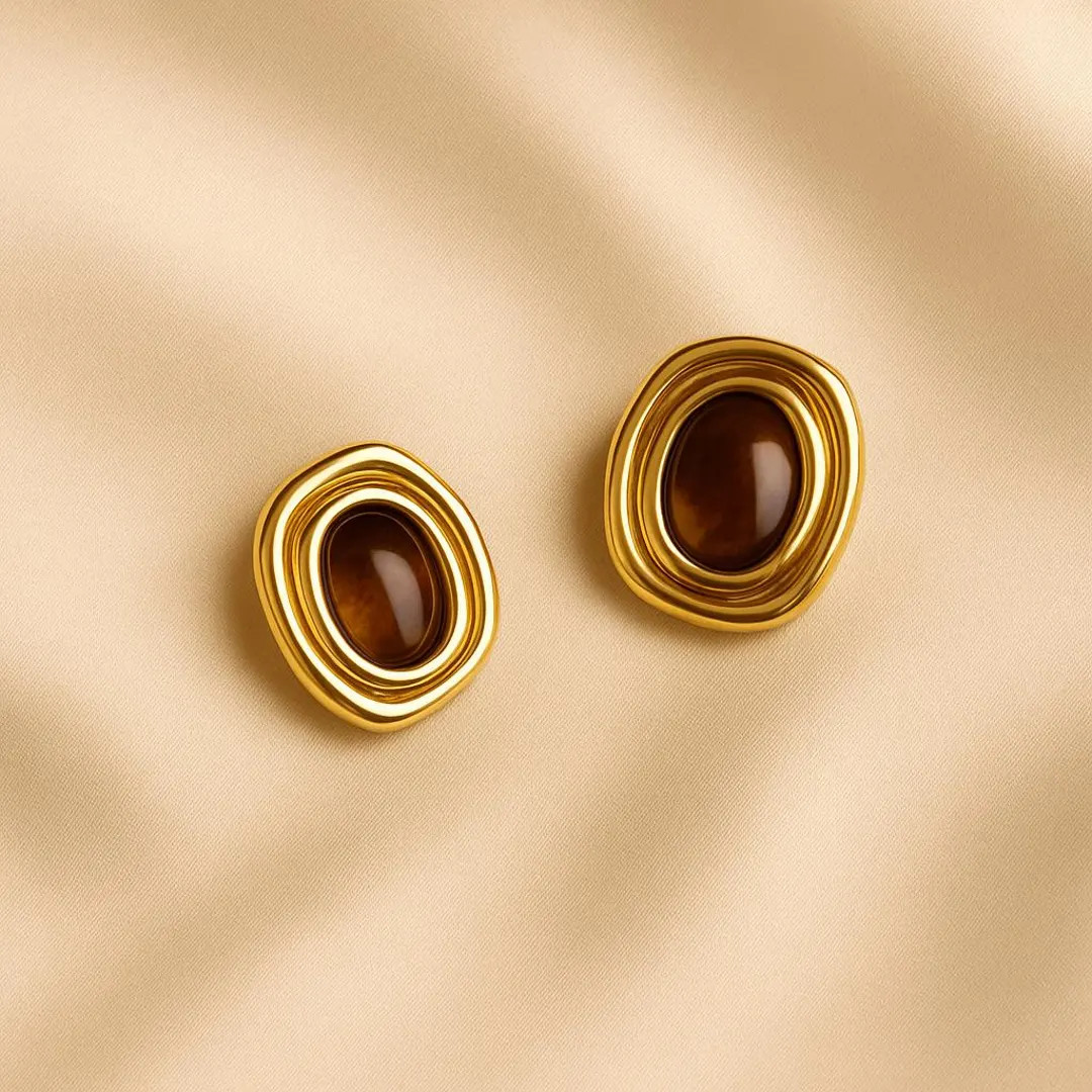 Tiger Eye Brown Oval Stud Earrings – Statement Retro Earrings, Waterproof Stainless Steel Jewel... | Etsy (US)