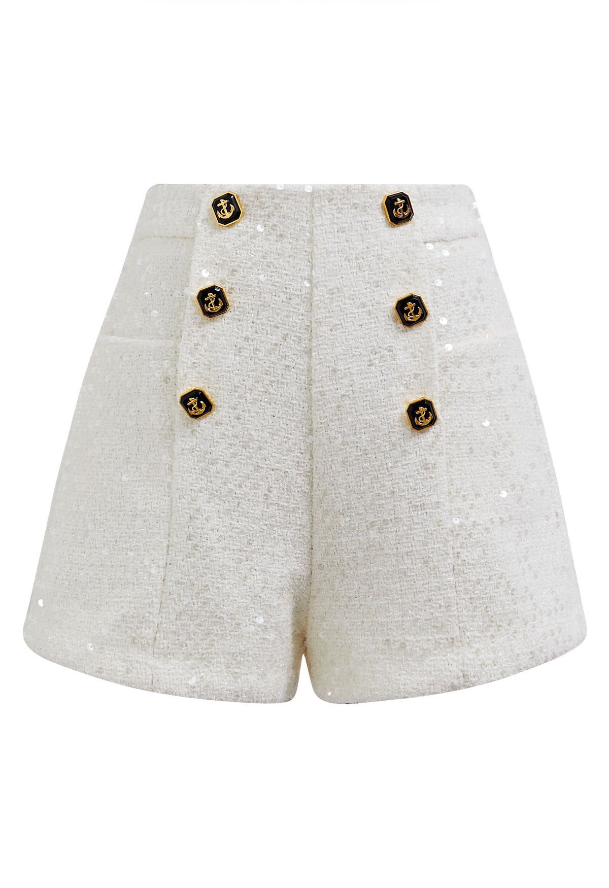 Button Decorated Sequined Tweed Shorts in White | Chicwish
