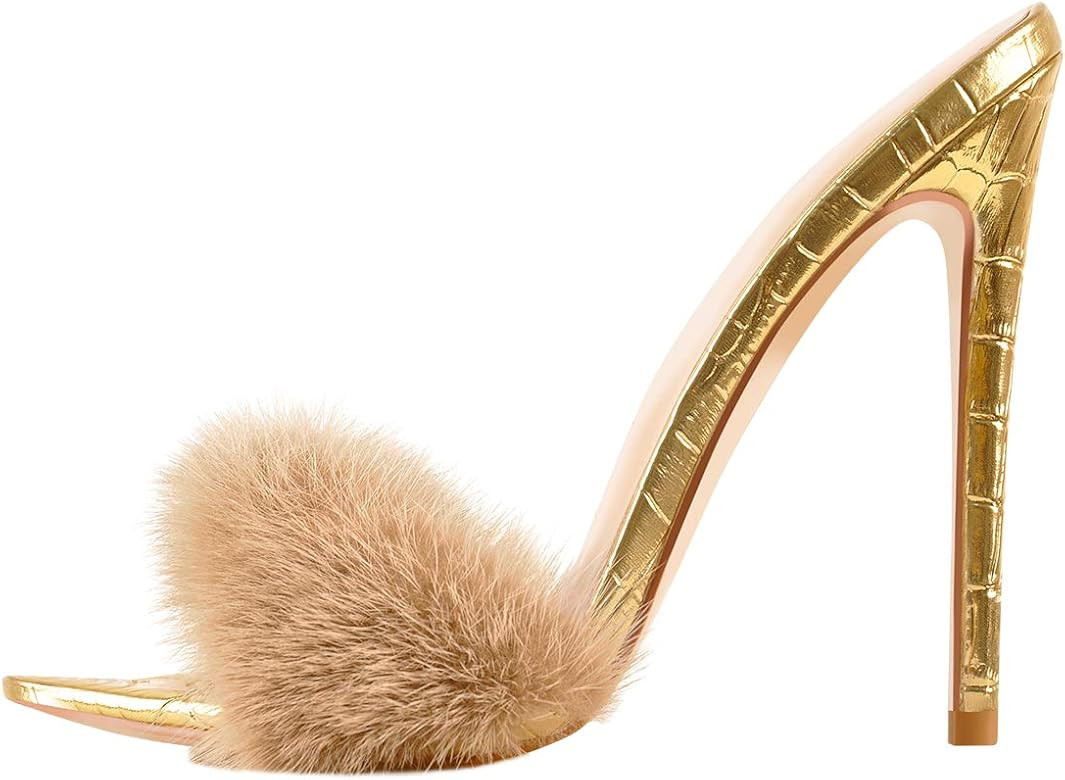 Richealnana Women's Fur Fluffy Mules High Heels | Amazon (US)