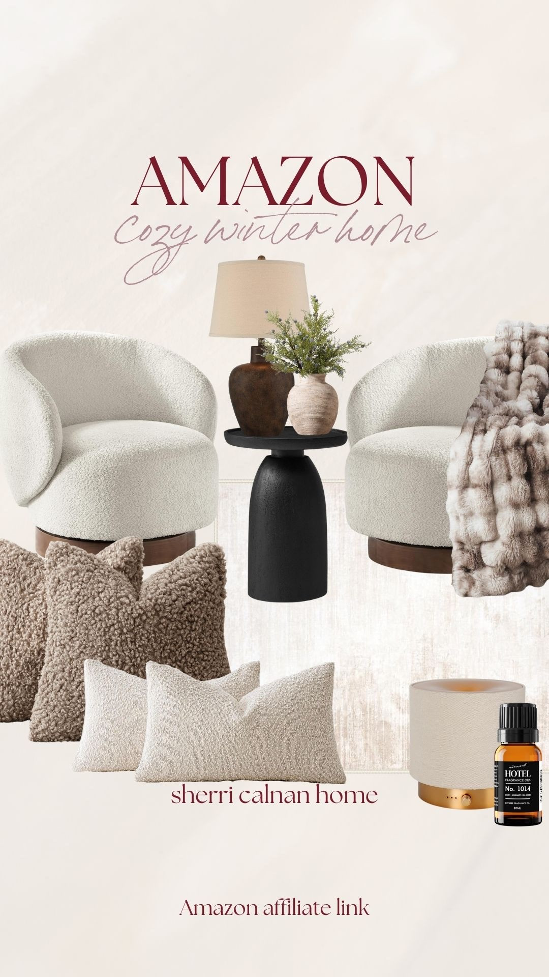 Cozy winter home styling with soft textures and calming neutrals. Plush seating, warm lighting, and layered pillows create an inviting space perfect for the colder months. Amazon cozy home, winter home decor, neutral living room, cozy textures, boucle chairs, warm neutral decor, winter styling ideas, coastal neutral home, Sherri calnan home

#LTKHome #LTKSeasonal