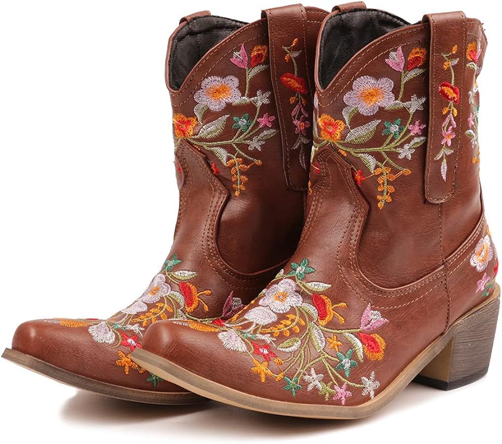 CRYSIGNE Women Flower Embroidered Ankle Cowgirl Boots Square Toe Western Boots Chunky Heel Pull O... | Amazon (US)