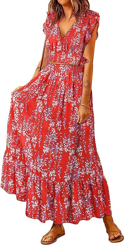 Dokotoo Women's Boho Dress Deep V Neck 2 Piece Skirt Sets Ruffle Cap Sleeve Tie Waist Wrap Chiffo... | Amazon (US)