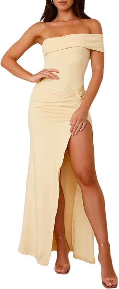 Elegant Off The Shoulder Bodycon High Slit Maxi Dress Sexy Strapless Twist Front Split Midi Dress... | Amazon (US)