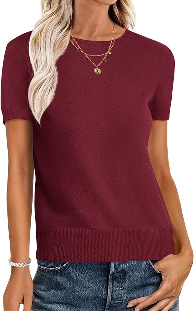 ANRABESS Womens Short Sleeve Sweaters Wool Blend Crew Neck Sweater Shirts Business Casual Work To... | Amazon (US)