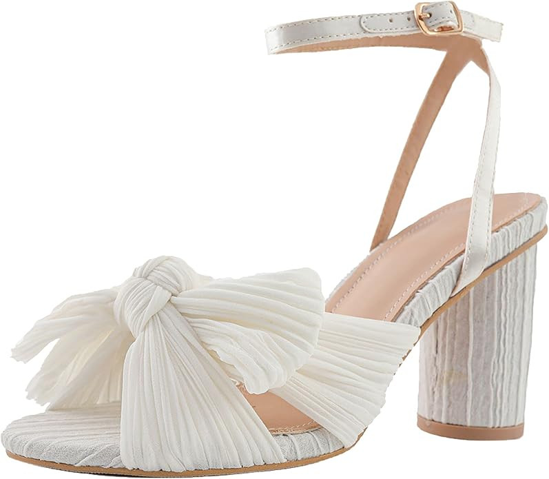 NueiVeiuo Women Elegant Pleated Bow Bridal Sandals Block High Heel | Amazon (US)