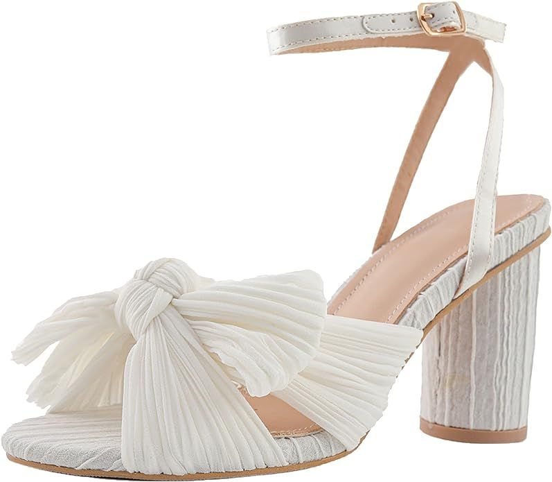 NueiVeiuo Women Elegant Pleated Bow Bridal Sandals Block High Heel | Amazon (US)