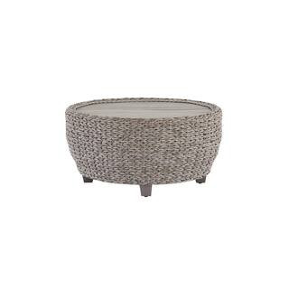 Hampton Bay 36 in. Megan Grey All-Weather Wicker Outdoor Patio Large Round Coffee Table with Slat... | The Home Depot
