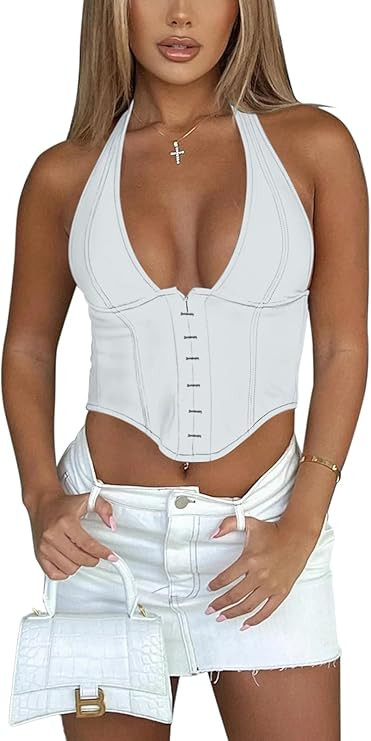 REORIA Women's Summer Sexy Halter V Neck Sleeveless Backless Trendy Y2k Going Out Corset Tank Cro... | Amazon (US)